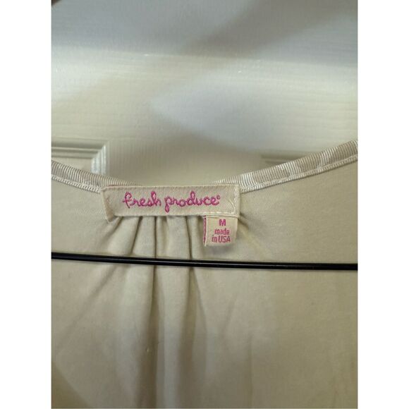 Fresh Produce Tan & White Print Gathered Front Short Sleeve Shift Dress sz M EUC - Picture 5 of 8